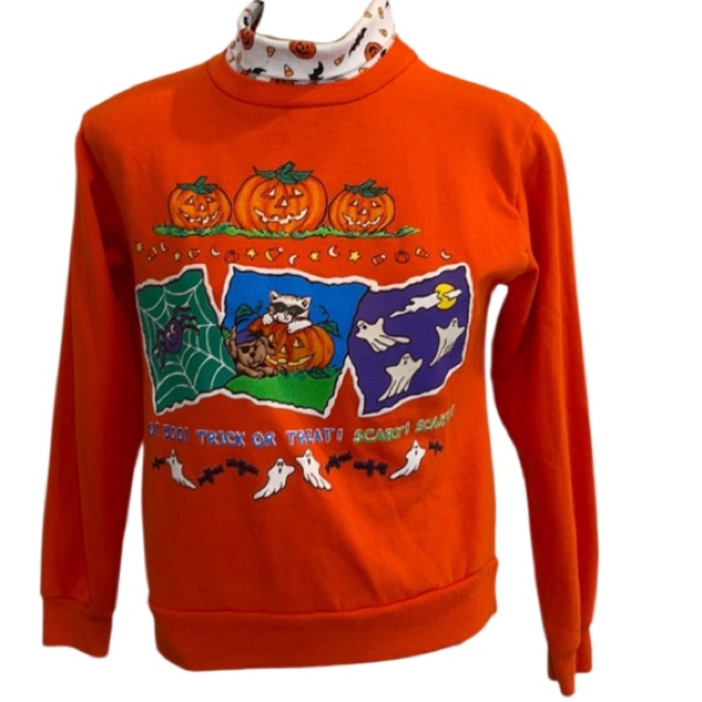 Vintage Halloween sweatshirt trick-or-treat girl size 10 12 pumpkin spider ghost